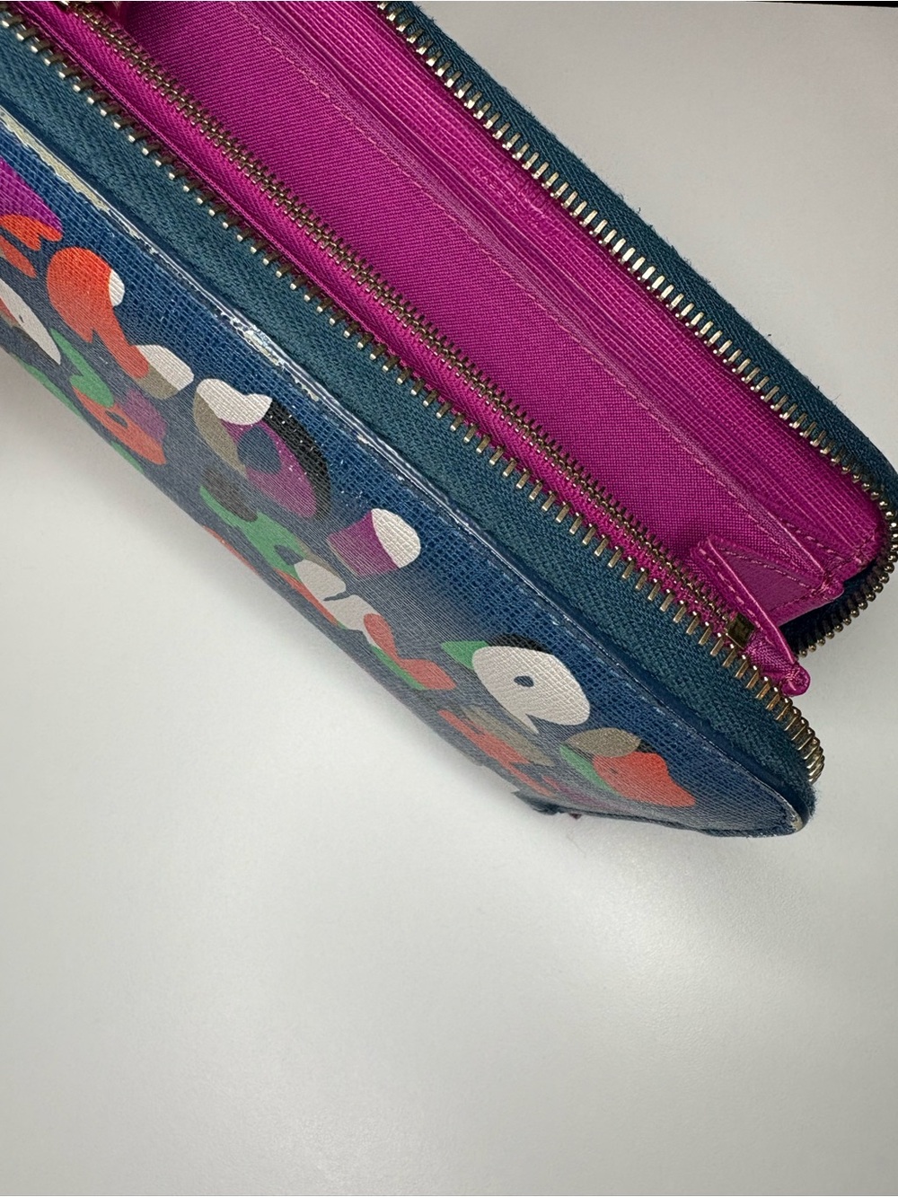 Fendi Teal Zip Wallet with Hot Pink Interior and Multicolor Print
